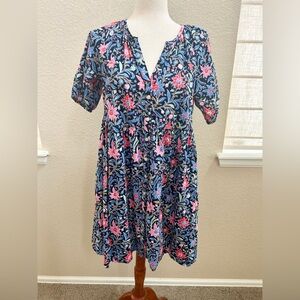 LOFT Navy Floral V-Neck Mini Dress with Pink Accents